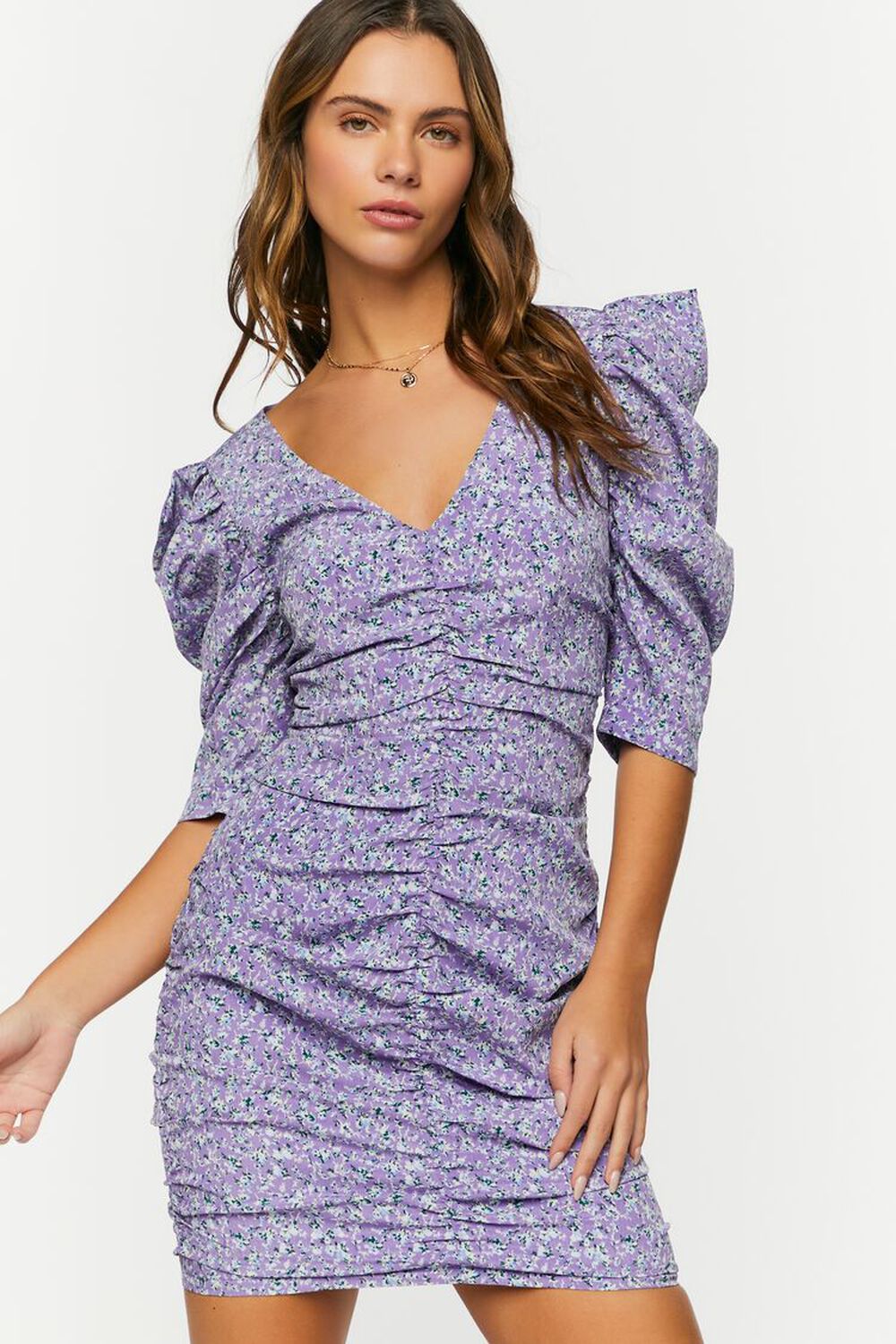 PURPLE/MULTI Ditsy Floral Ruched Puff-Sleeve Dress, image 1