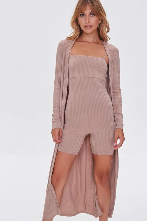 TAUPE Ribbed Knit Romper & Duster Cardigan Set, image 1