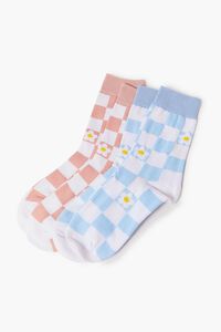 PEACH/BLUE Floral Checkered Socks Set - 2 pack, image 2