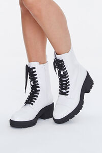 WHITE Faux Leather Lace-Up Ankle Boots, image 1