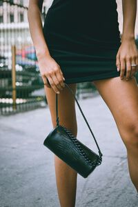 BLACK Faux Croc Leather Baguette Bag, image 1