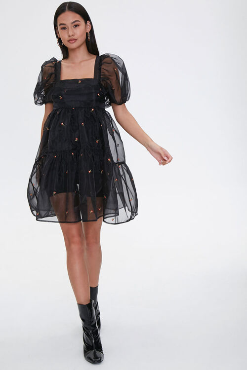 BLACK/MULTI Sheer Floral Embroidered Dress, image 4