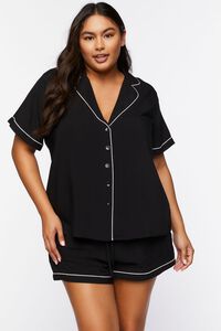 BLACK/WHITE Plus Size Piped-Trim Shirt & Shorts Pajama Set, image 1
