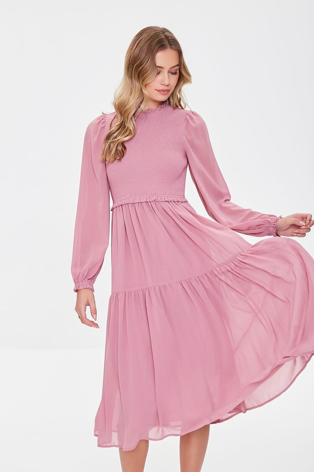 MAUVE Smocked Peasant-Sleeve Dress, image 1