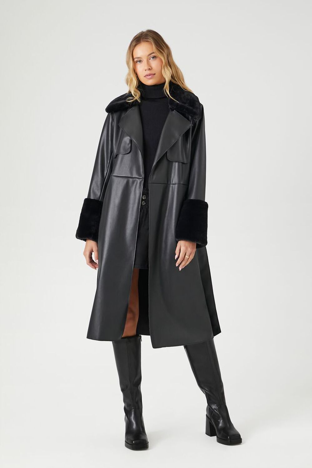 Plus Size Vegan Leather Belted Trench Coat Outerwear