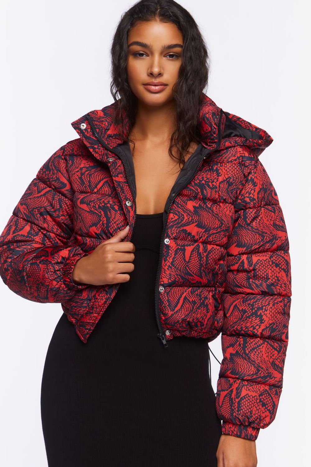 RED/BLACK Snake Print Hooded Puffer Jacket, image 1