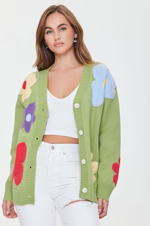 AVOCADO/MULTI Floral Print Cardigan Sweater, image 2