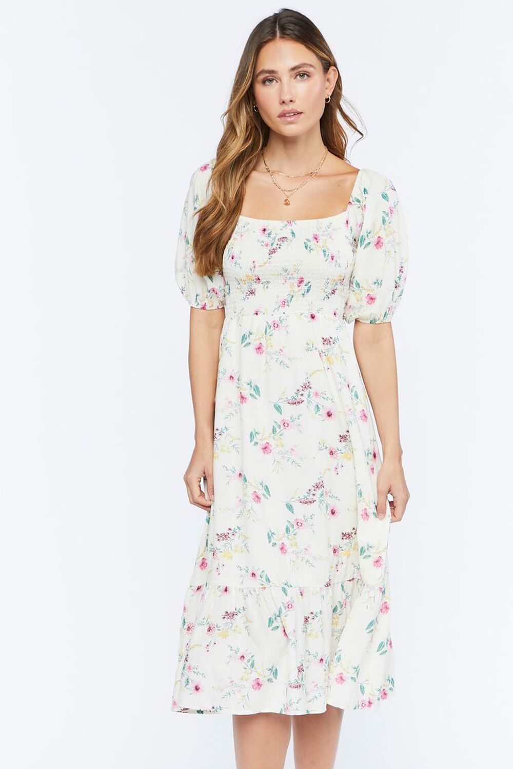 Floral Smocked Puff-Sleeve Midi Dress