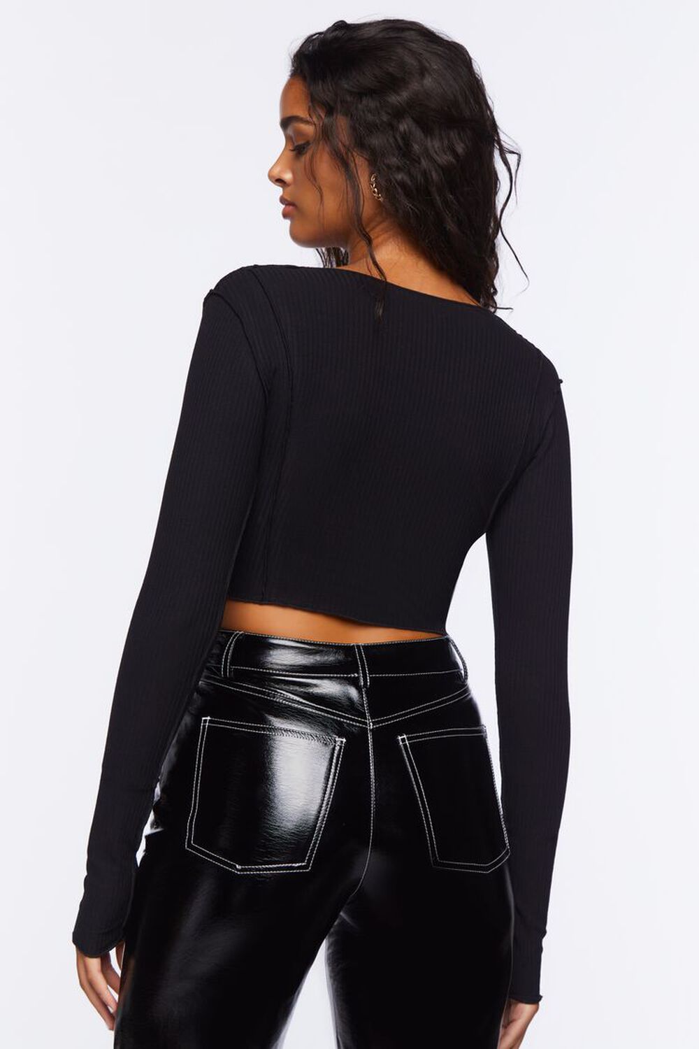 BLACK Lace-Up Long-Sleeve Crop Top, image 3
