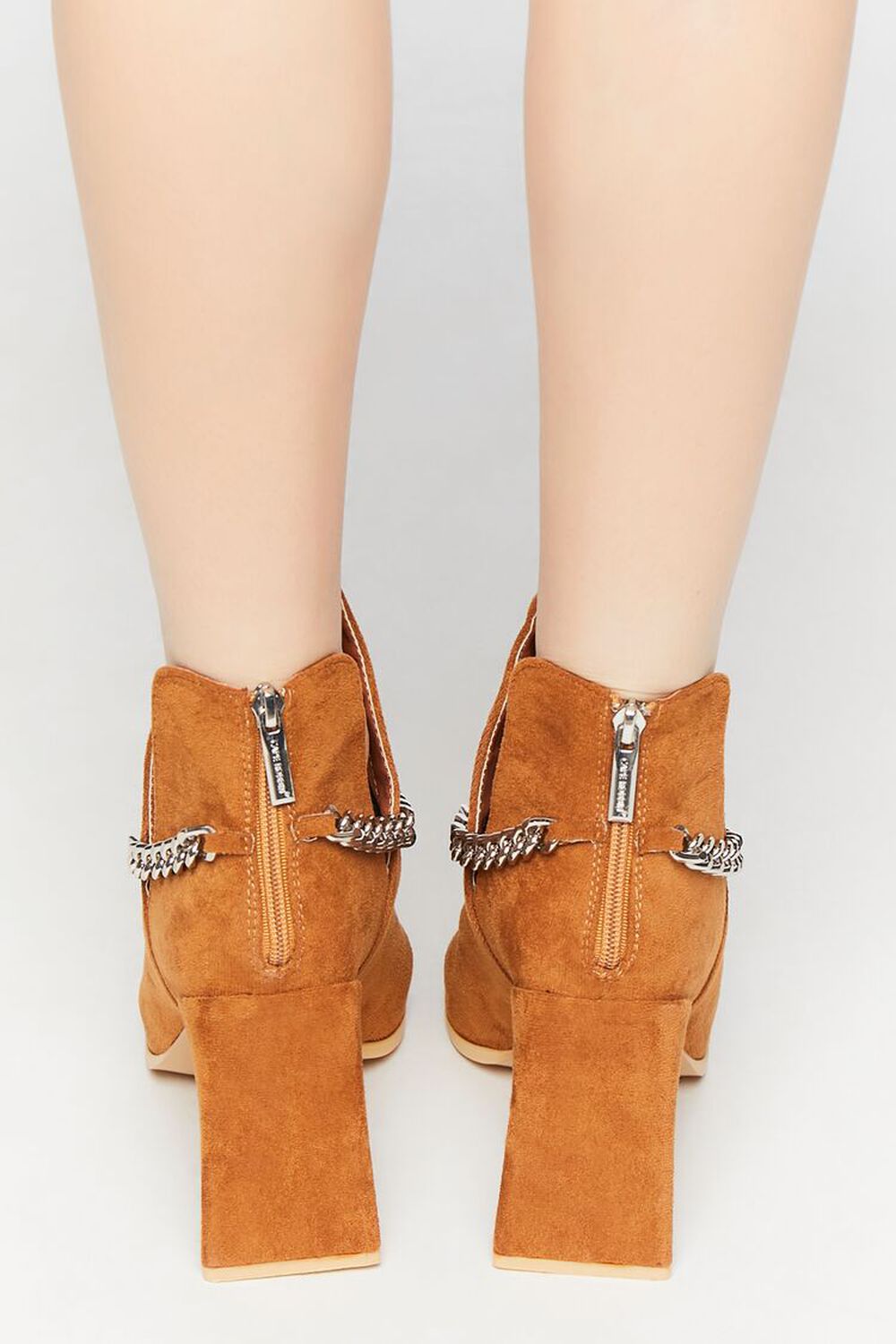 TAN Pointed Curb Chain Flare Heel Booties, image 3