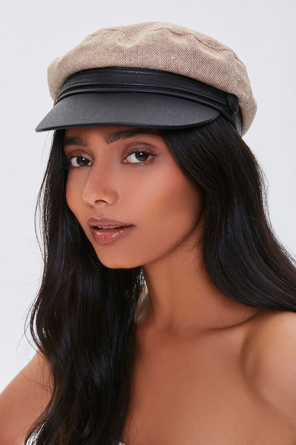BLACK/BEIGE Faux Leather Brim Cabbie Hat, image 1
