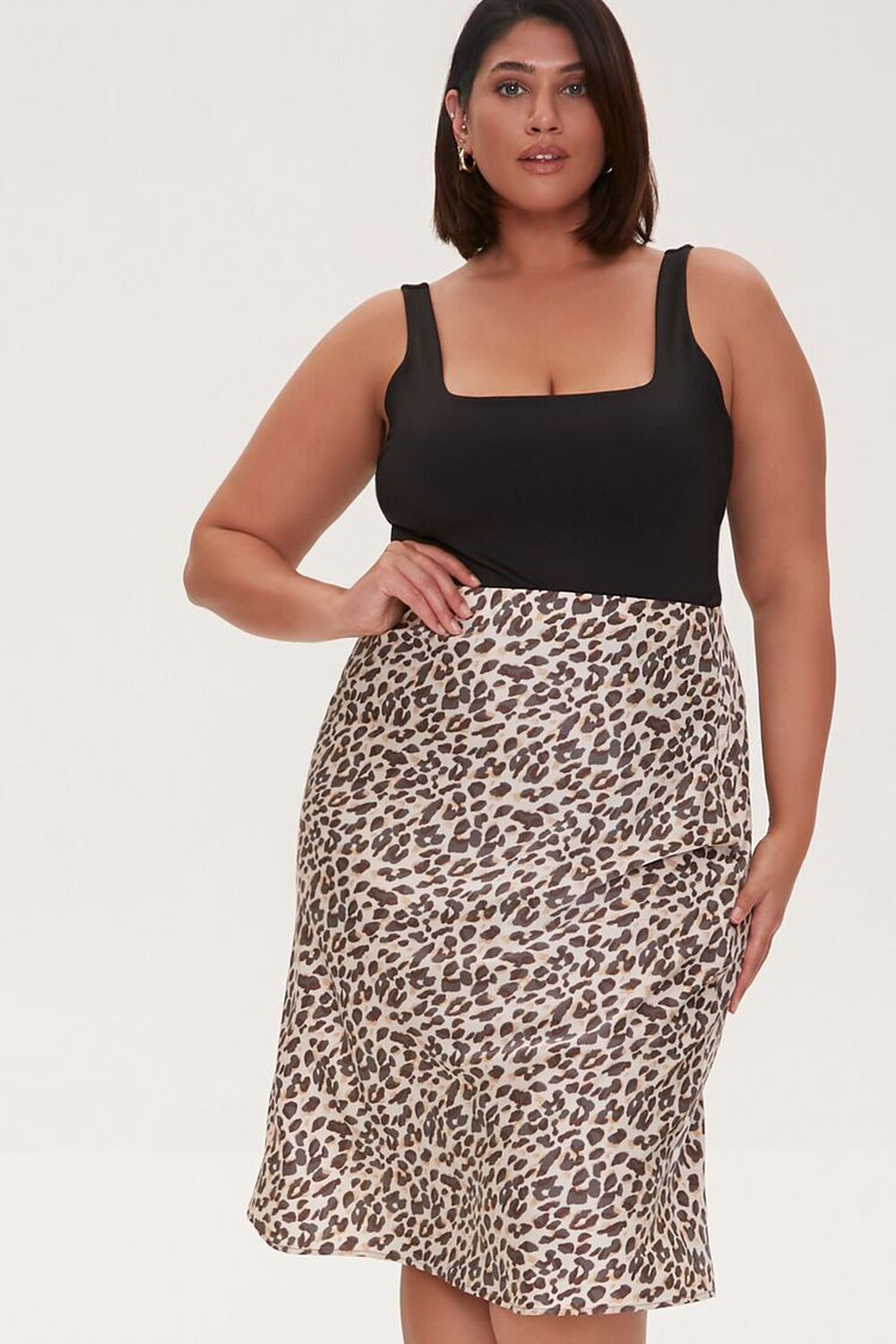 TAN/BLACK Plus Size Satin Leopard Print Skirt, image 1