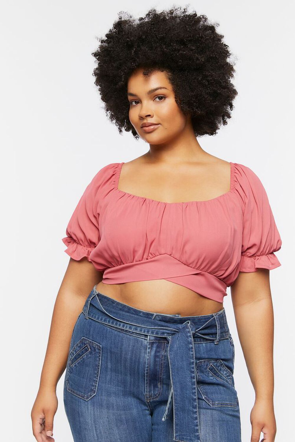 DUSTY PINK Plus Size Self-Tie Puff Sleeve Top, image 1