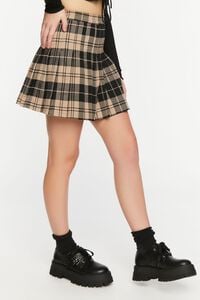 KHAKI/BLACK Pleated Plaid A-Line Mini Skirt, image 3