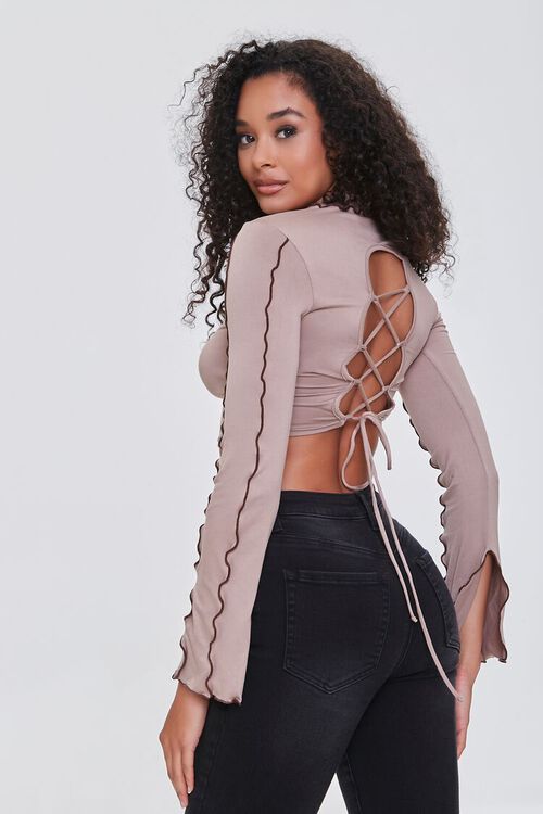 TAUPE/CHOCOLATE Lettuce-Edge Lace-Back Crop Top, image 1