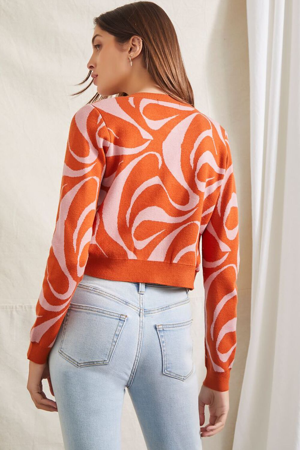 ORANGE/PINK Abstract Crop Top & Cardigan Sweater Set, image 3