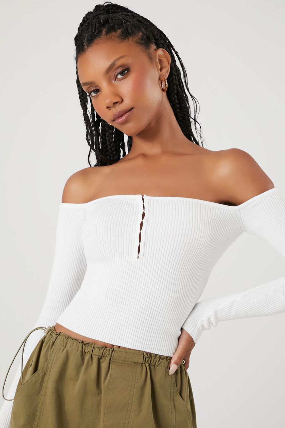 WHITE Sweater-Knit Off-the-Shoulder Top, image 1