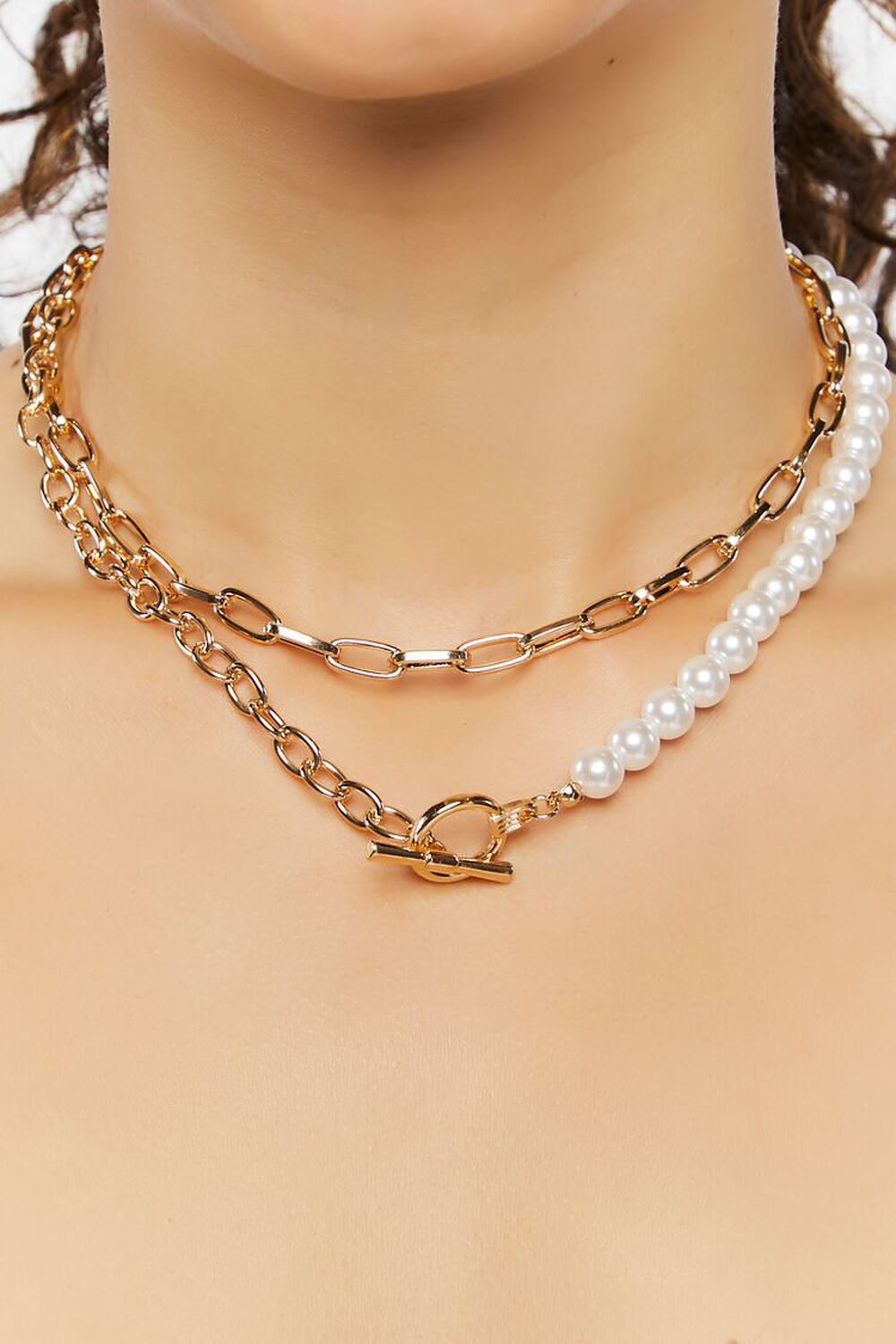 CREAM/GOLD Layered Faux Pearl Chain Necklace, image 1