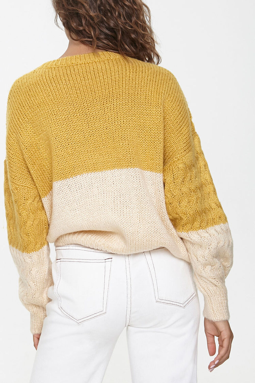MUSTARD/IVORY Colorblock Cable Knit Sweater, image 3