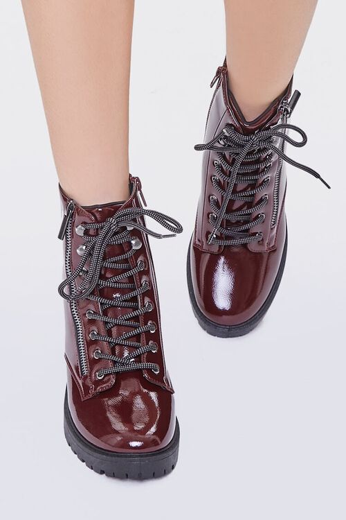 BURGUNDY Faux Patent Leather Lug-Sole Booties, image 4