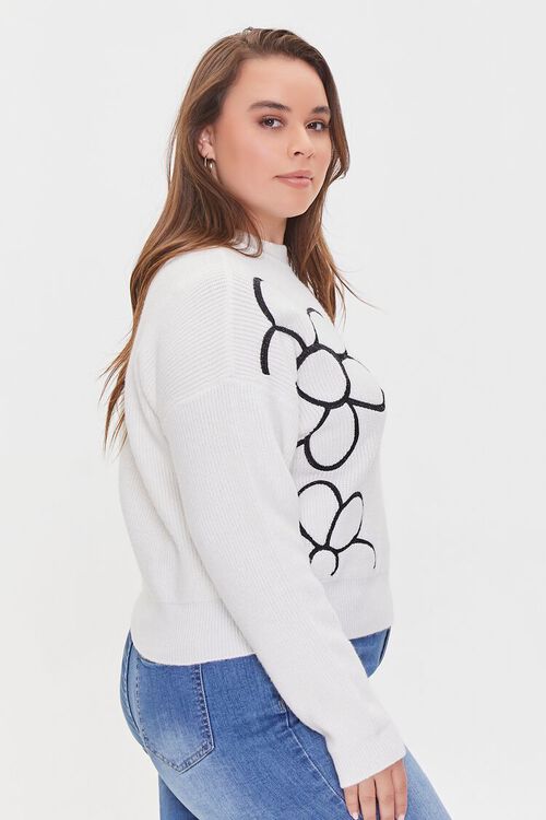 WHITE/BLACK Plus Size Floral Print Sweater, image 2
