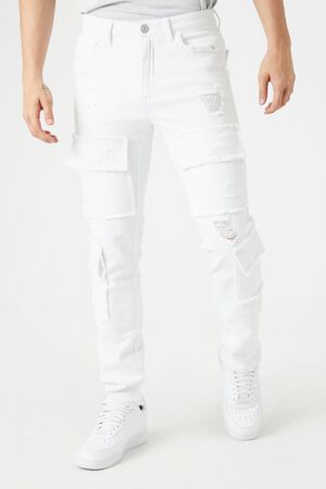 Frayed-Trim Slim-Fit Cargo Jeans