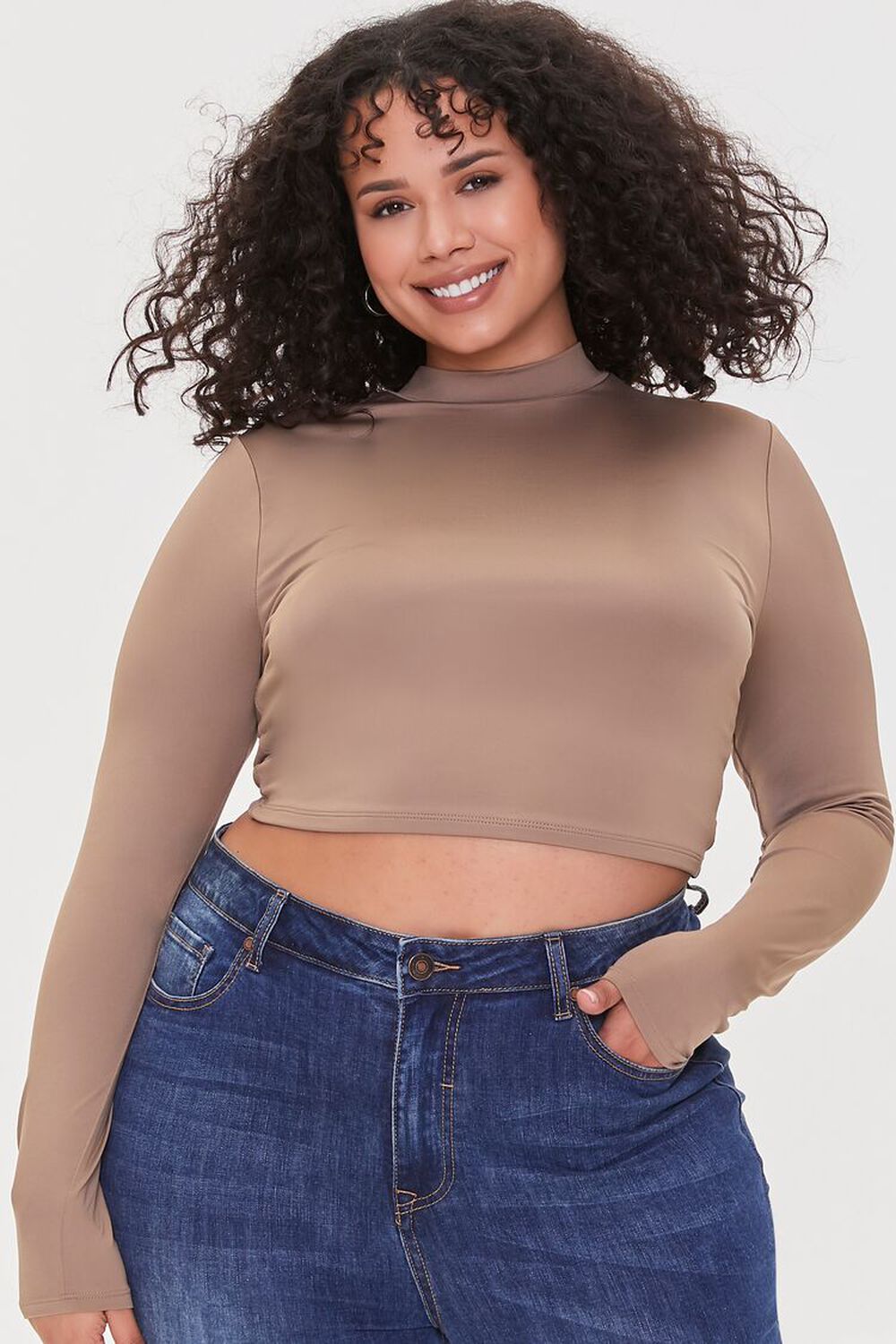 TAUPE Plus Size Mock Neck Crop Top, image 1