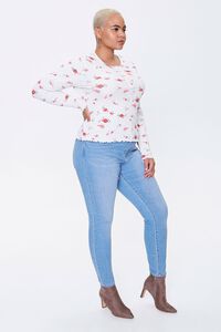 IVORY/RED Plus Size Floral Print Henley Top, image 4
