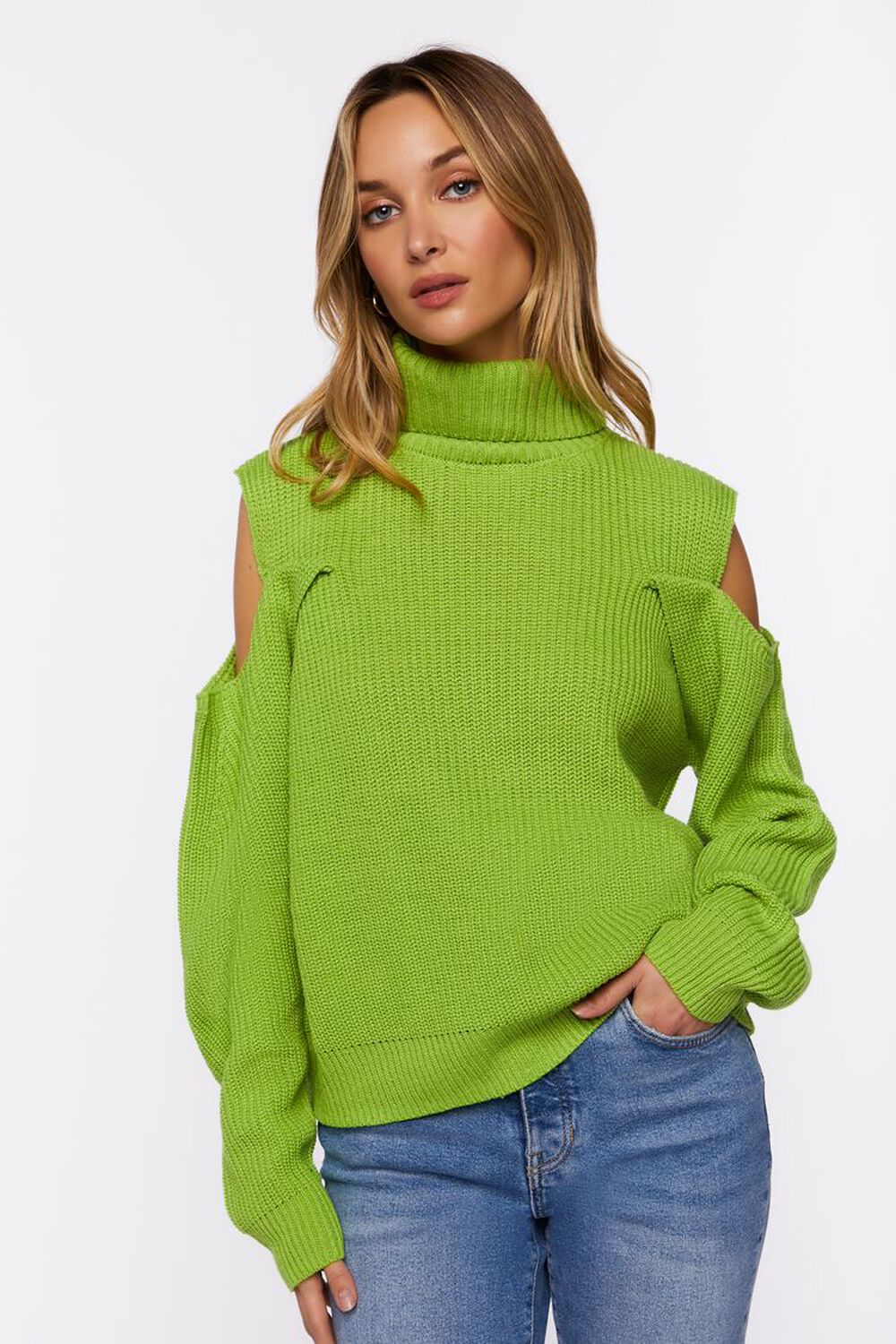 GREEN Open-Shoulder Turtleneck Sweater, image 1