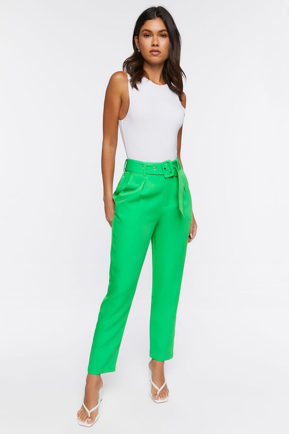 LIGHT GREEN Belted High-Waist Ankle Pants, image 1