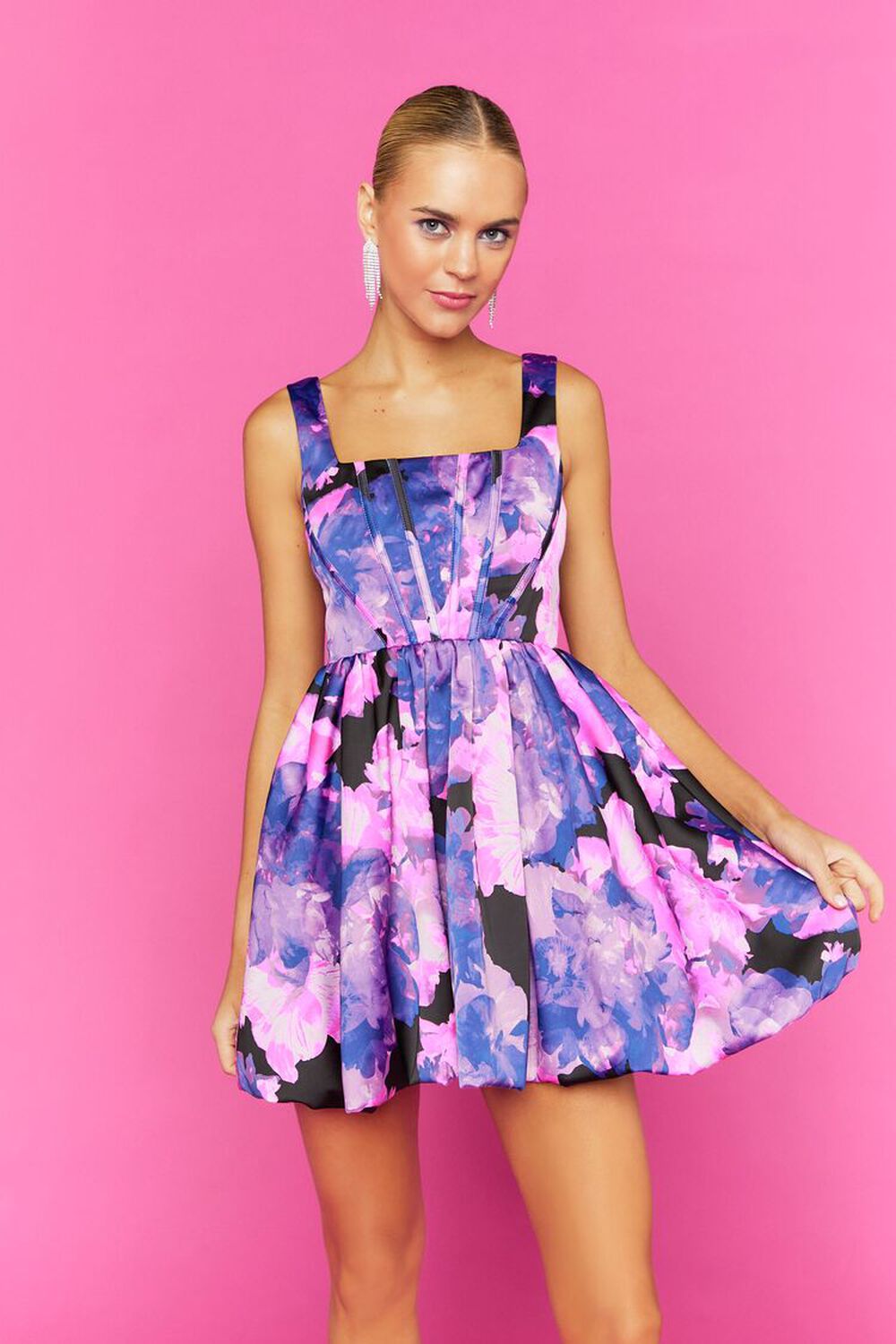 BLACK/MULTI Floral Bubble-Hem Mini Dress, image 1