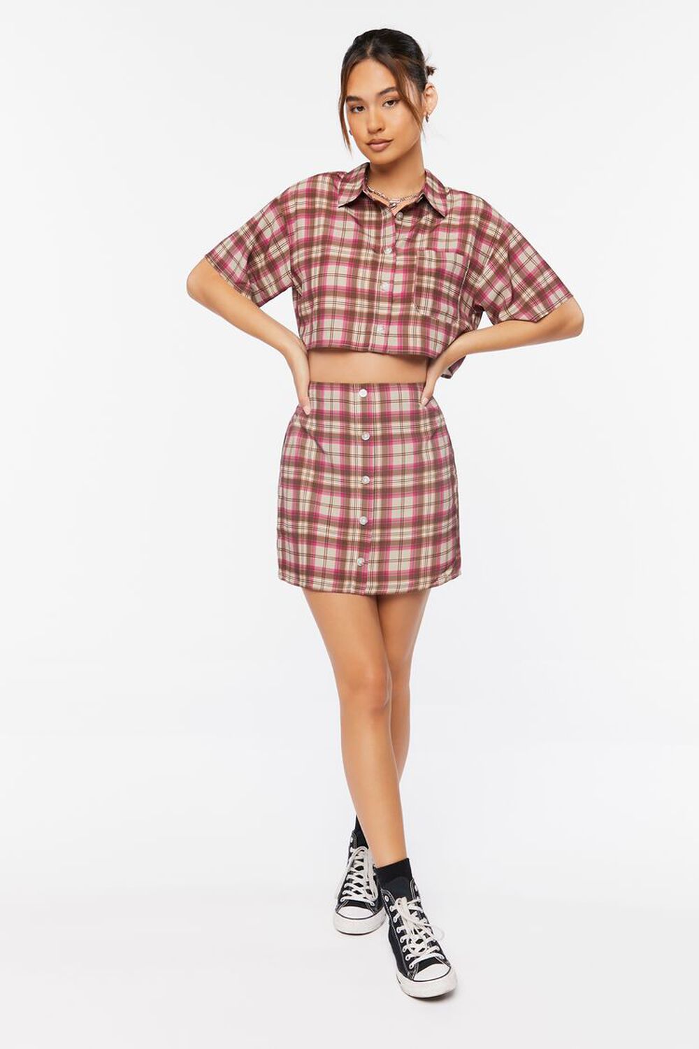 TAN/MULTI Plaid Cropped Shirt & Skirt Set, image 1