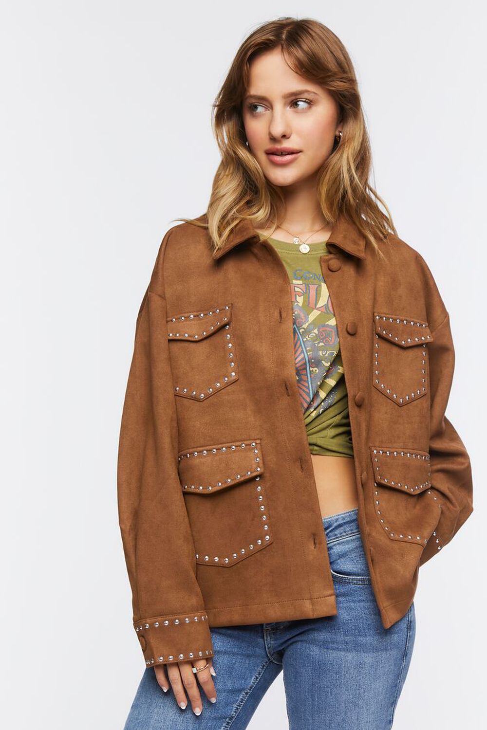 BROWN Faux Suede Studded Shacket, image 1