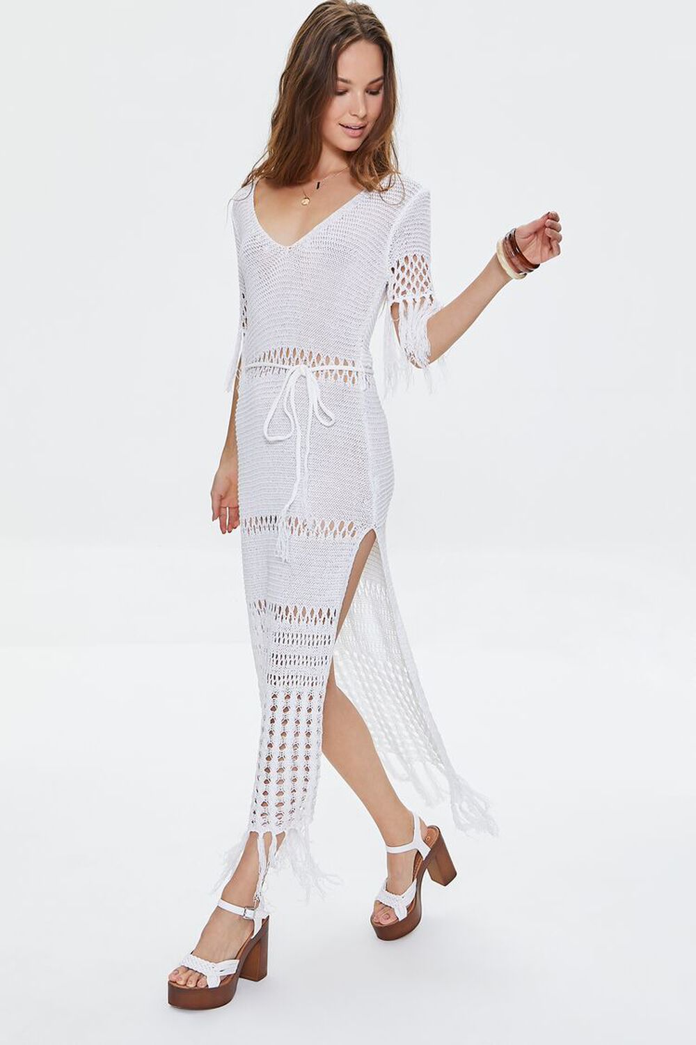 WHITE Crochet Tassel-Trim Midi Dress, image 1
