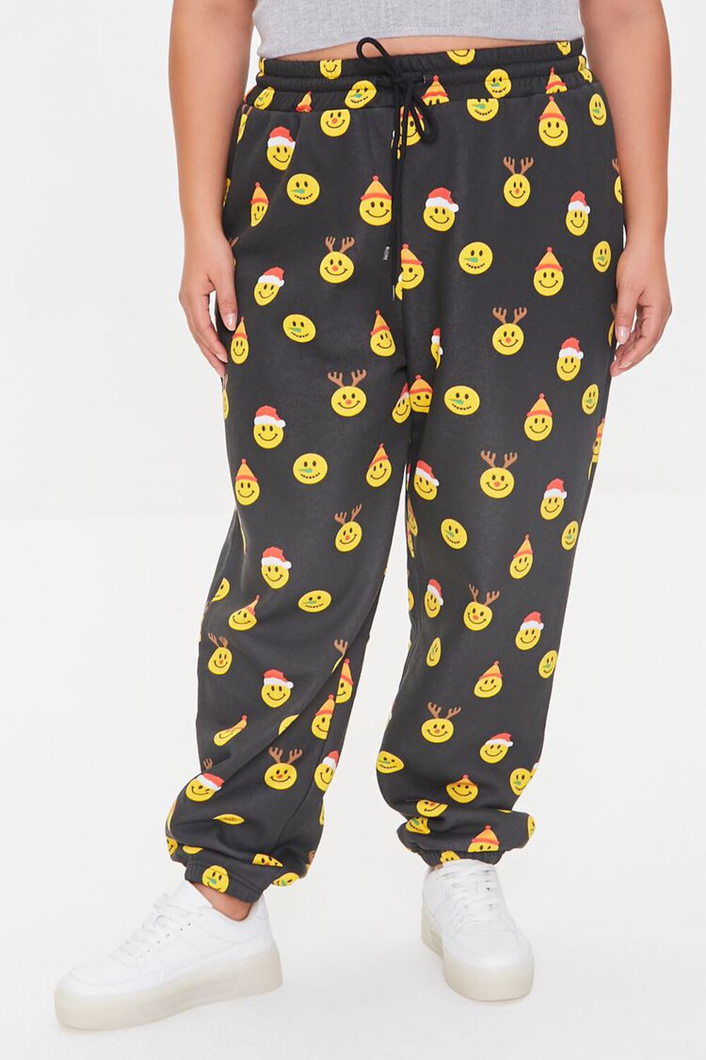 BLACK/YELLOW Plus Size Holiday Happy Face Joggers, image 2