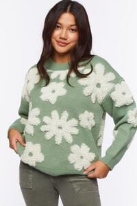 SAGE/WHITE Textured Flower Sweater, image 1