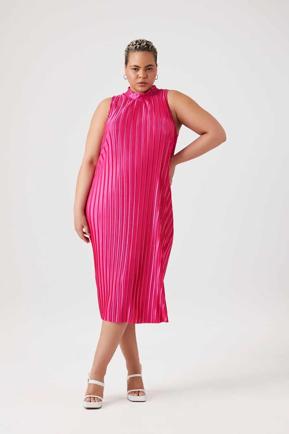 HOT PINK Plus Size Plisse Midi Dress, image 1