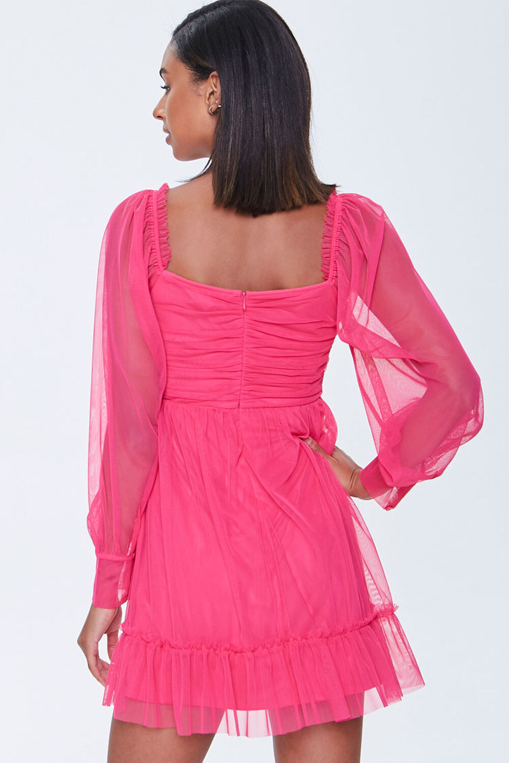 HOT PINK Mesh  Balloon-Sleeve Sweetheart Dress, image 3