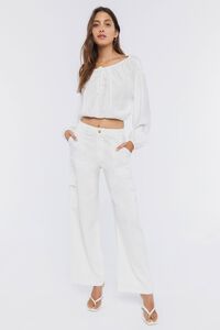 WHITE Peasant-Sleeve Ruched Crop Top, image 4