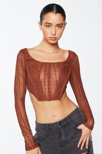BROWN Crochet Lace Long-Sleeve Crop Top, image 1