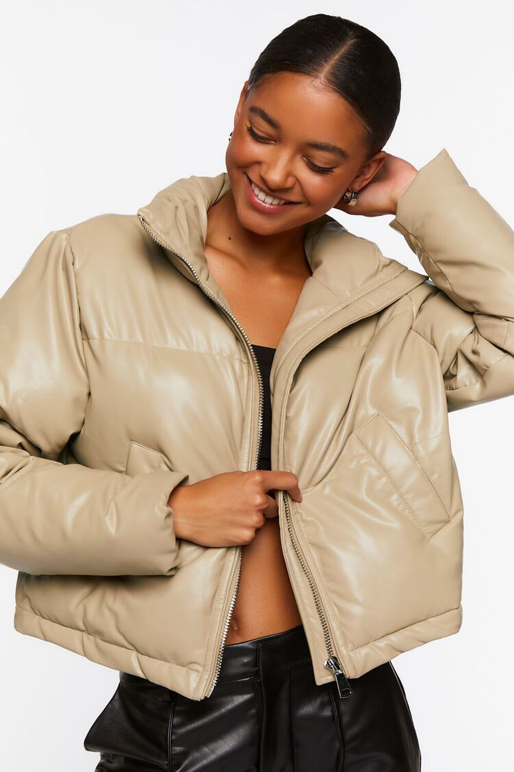 TAUPE Faux Leather Drawstring Puffer Jacket, image 1