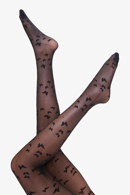 BLACK Sheer Butterfly Print Tights, image 1