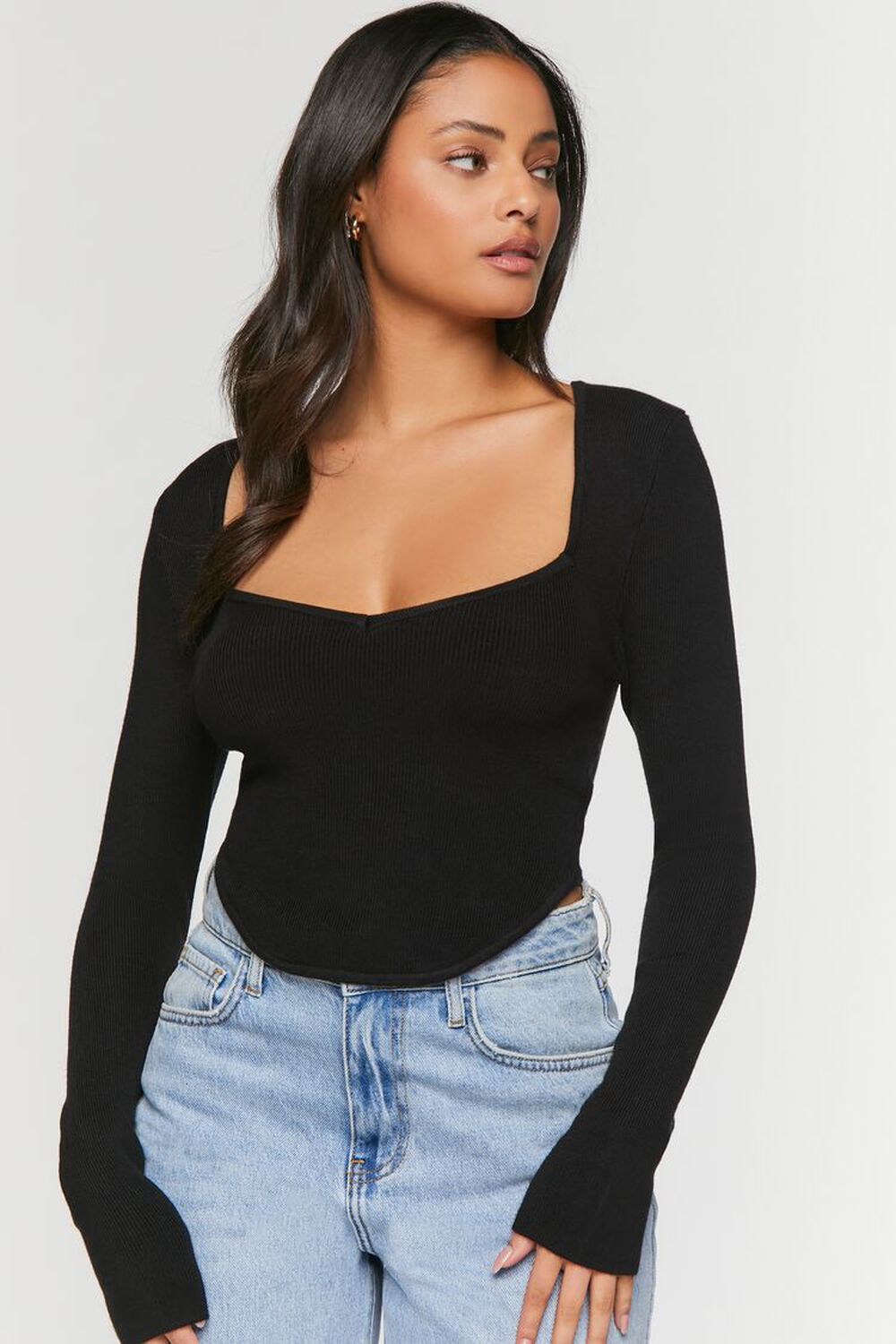 BLACK Ribbed Sweater-Knit Crop Top, image 1