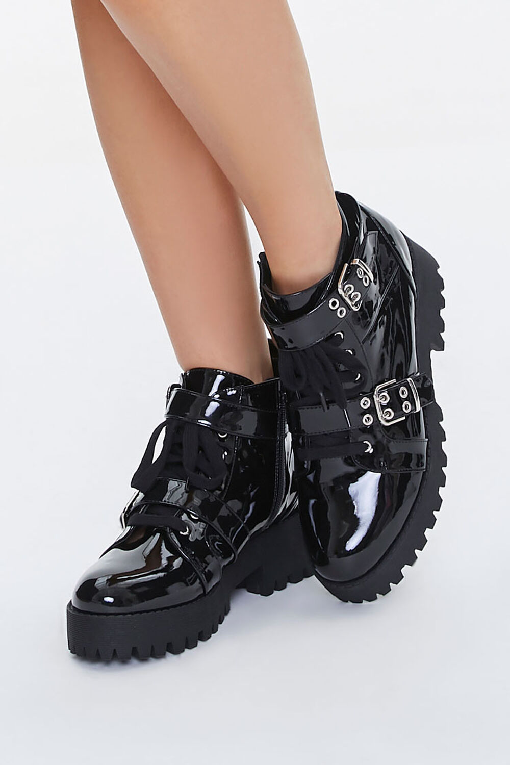 Buckled Faux Patent Leather Ankle Boots