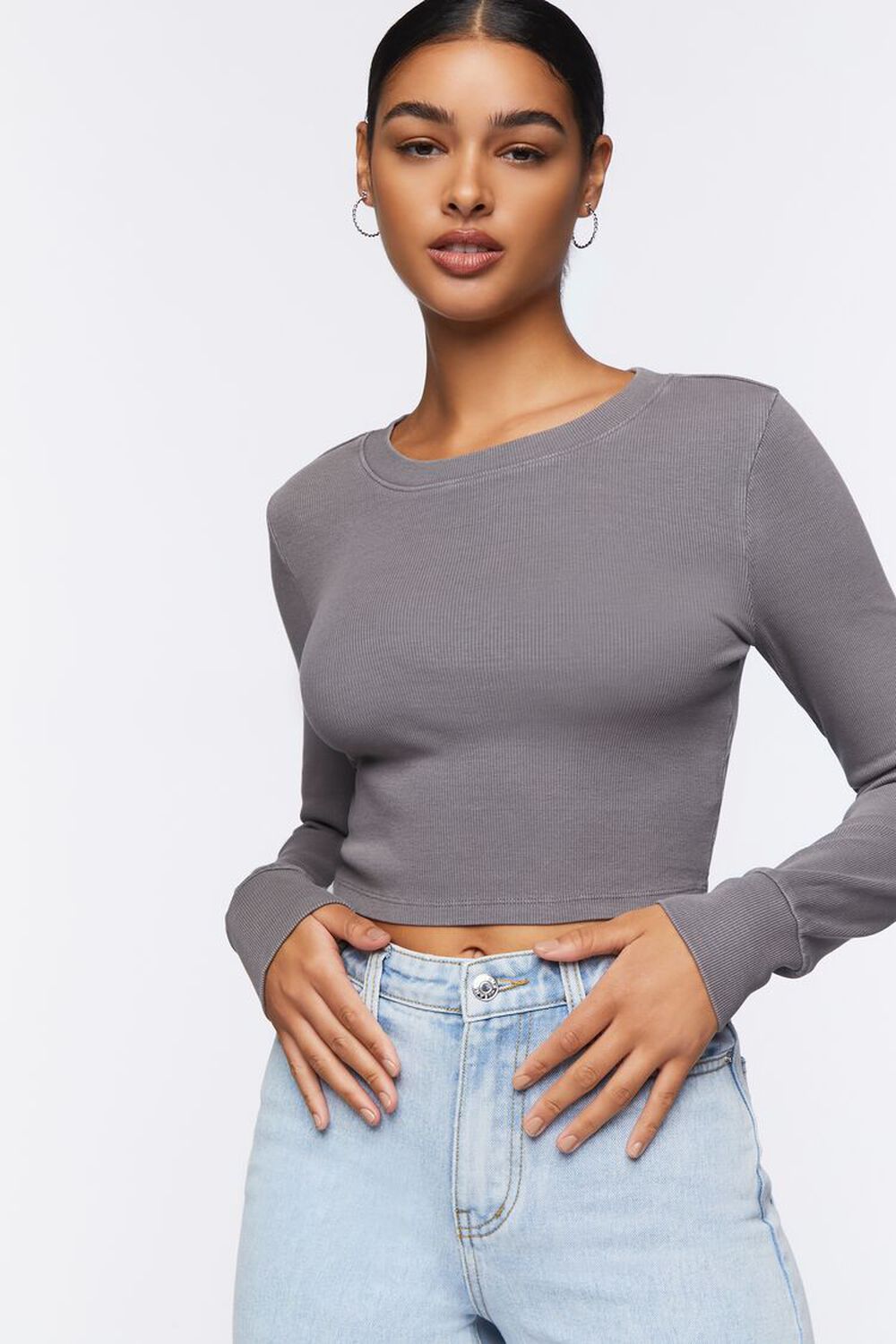 CHARCOAL Ribbed Long-Sleeve Crop Top, image 1