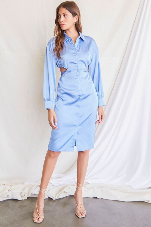 BLUE Satin Cutout Shirt Dress, image 4