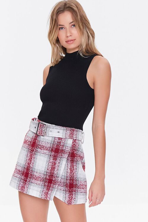 BERRY/MULTI Belted Plaid Mini Skirt, image 1