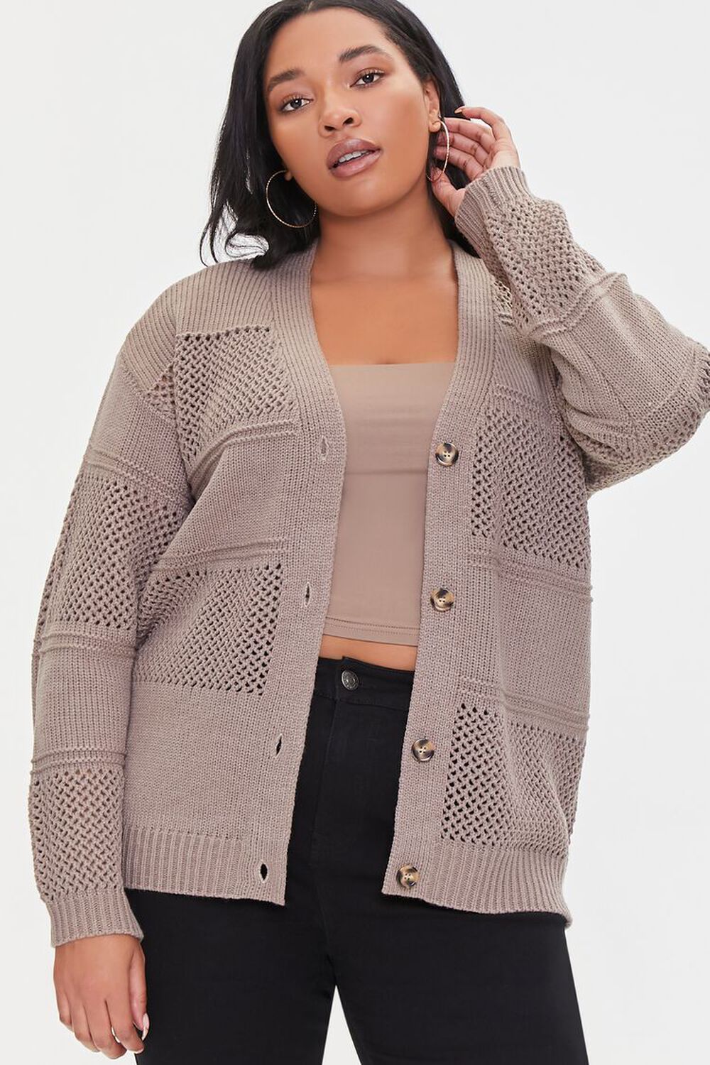 GREY Plus Size Open-Knit Cardigan Sweater, image 1