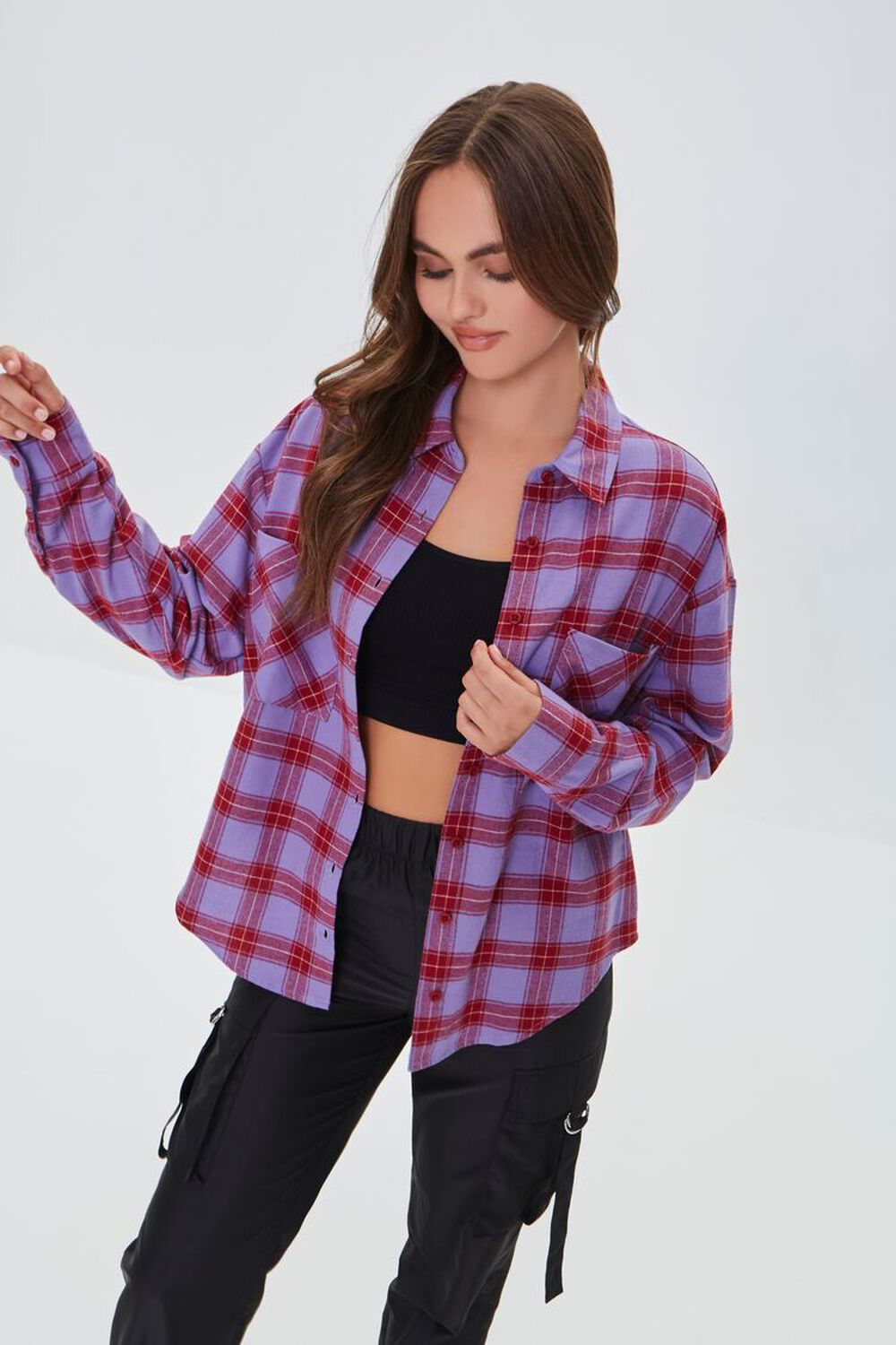 LAVENDER/MULTI Plaid Button-Front Flannel Shirt, image 1