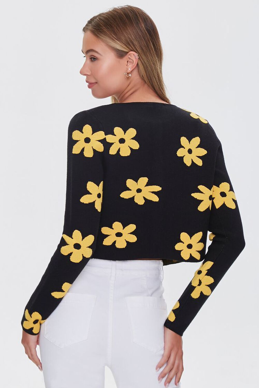 BLACK/YELLOW Daisy Print Buttoned Cardigan Sweater, image 3
